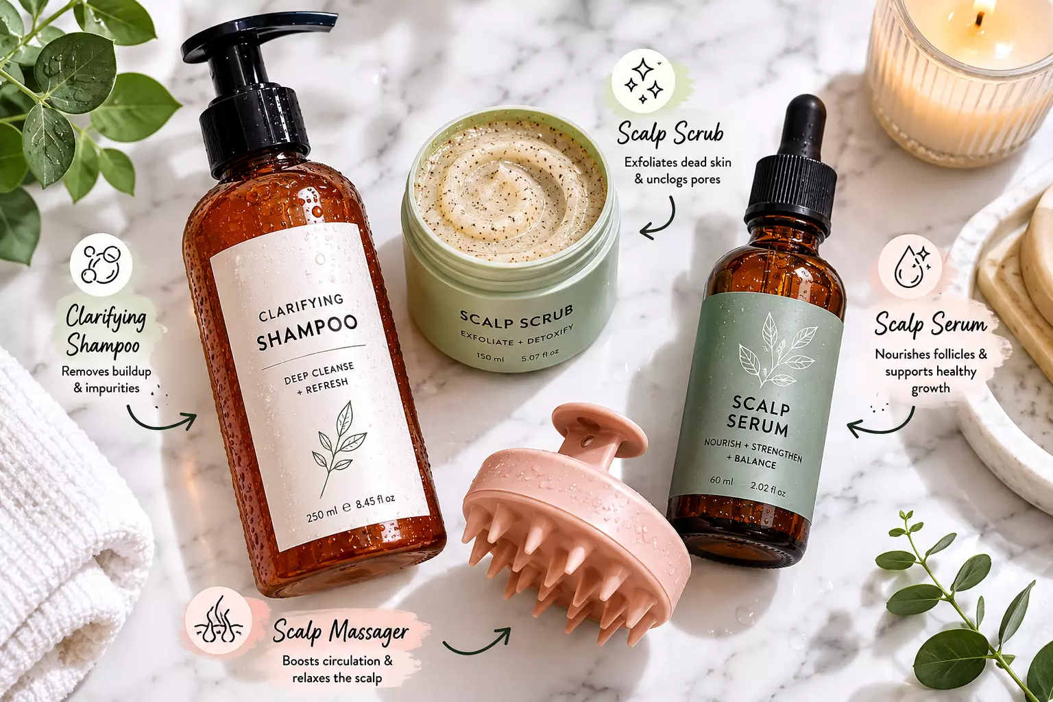 Scalp health toolkit clarifying shampoo scrub serum massager