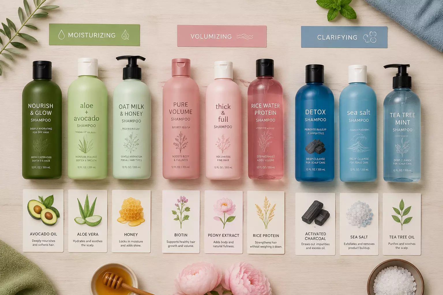 Shampoo categories moisturizing volumizing clarifying flat lay