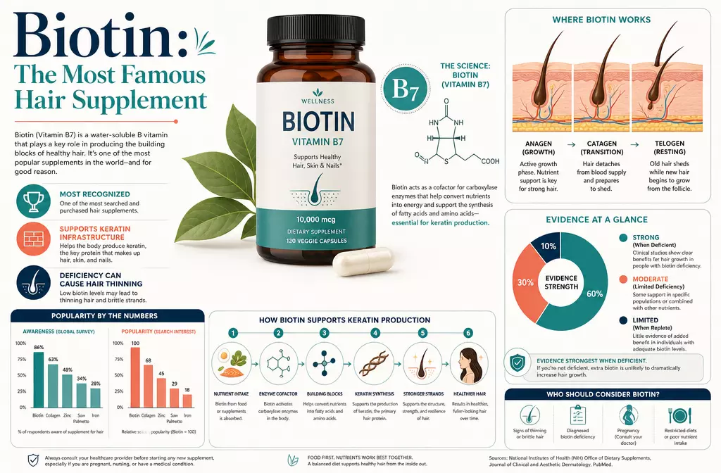 Biotin hair supplement benefits sources and research infographic