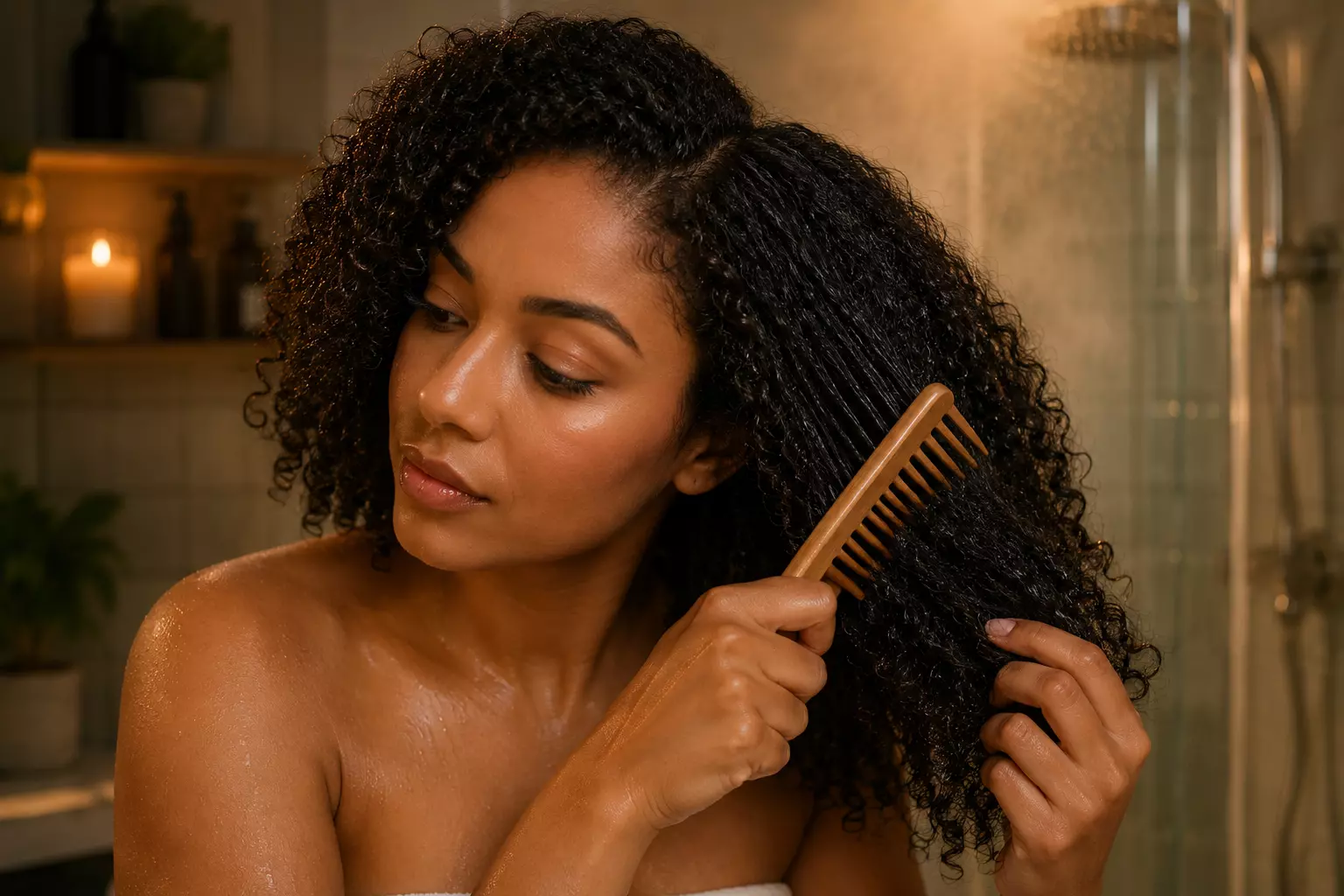 Curly hair detangling wide tooth comb warm lifestyle landscape
