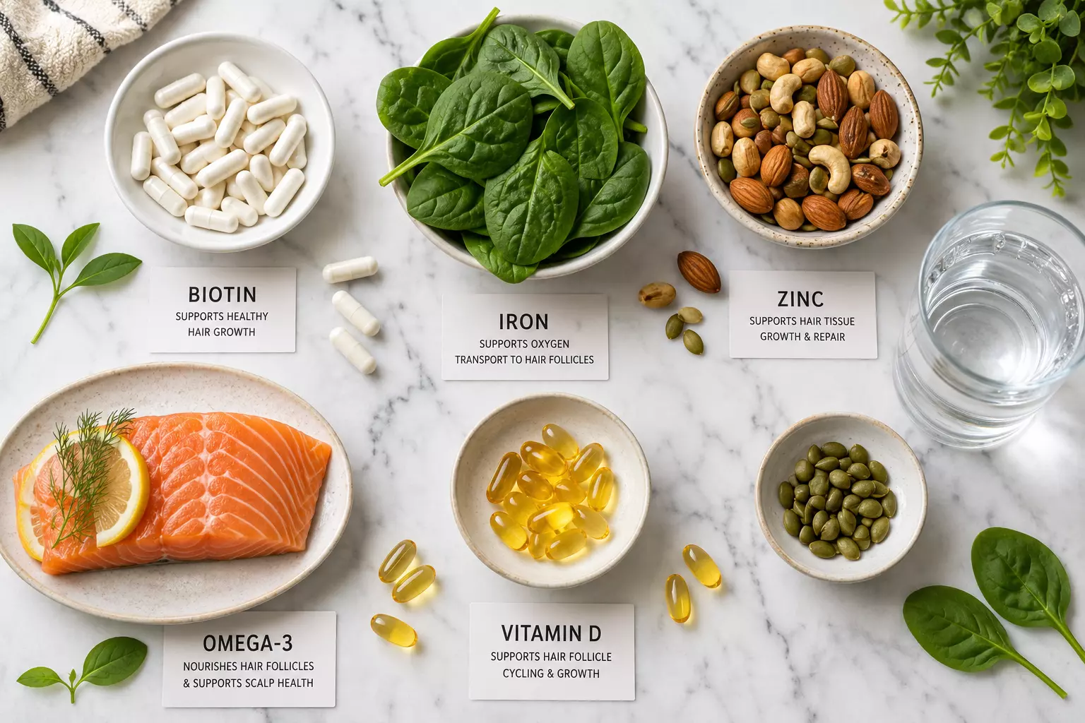 Hair health nutrients food and supplements flat lay landscape