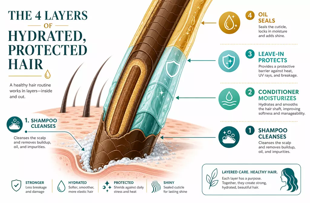 Hair product layering cross section shampoo to oil diagram