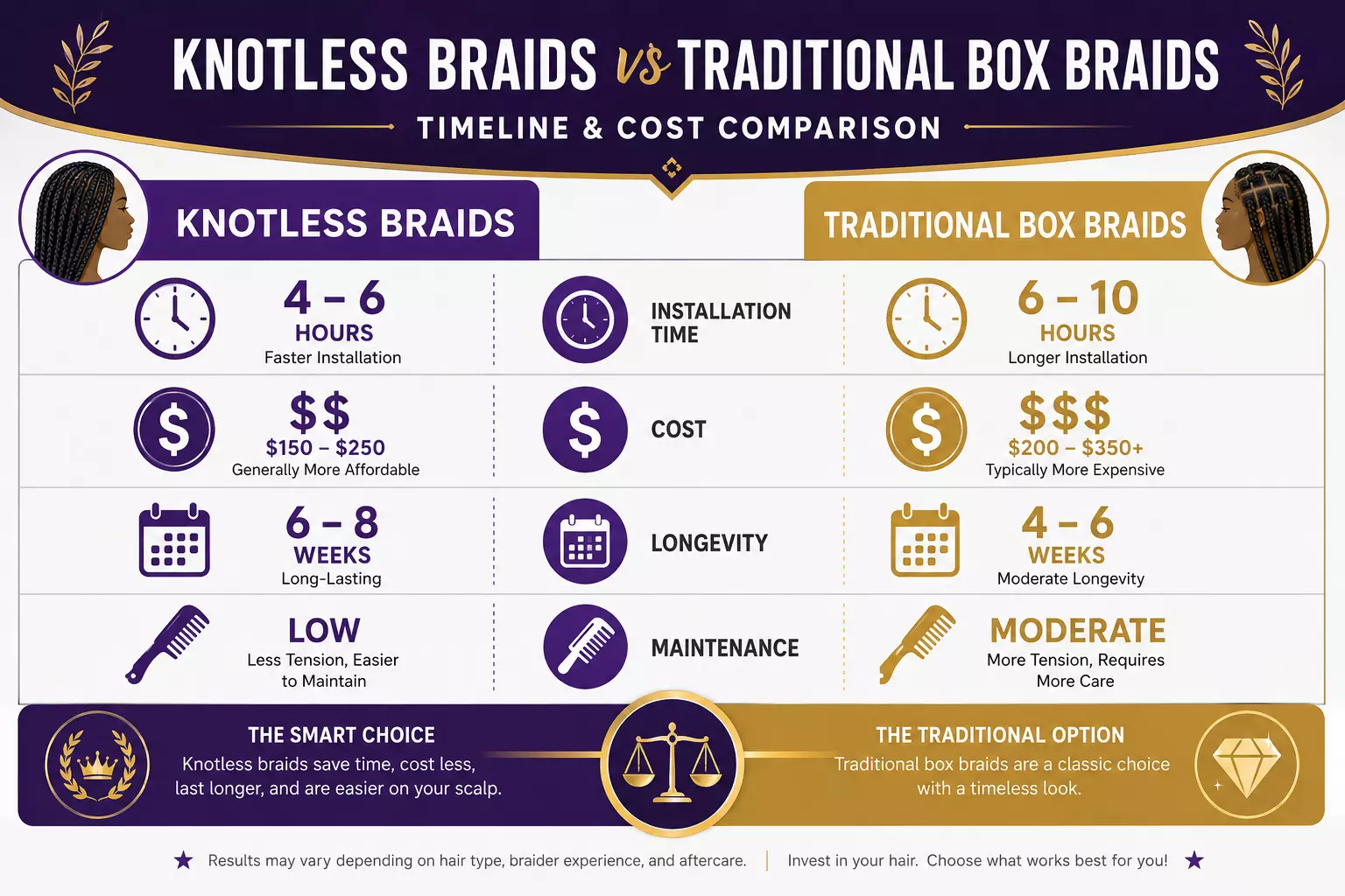 Knotless braids vs box braids cost timeline infographic