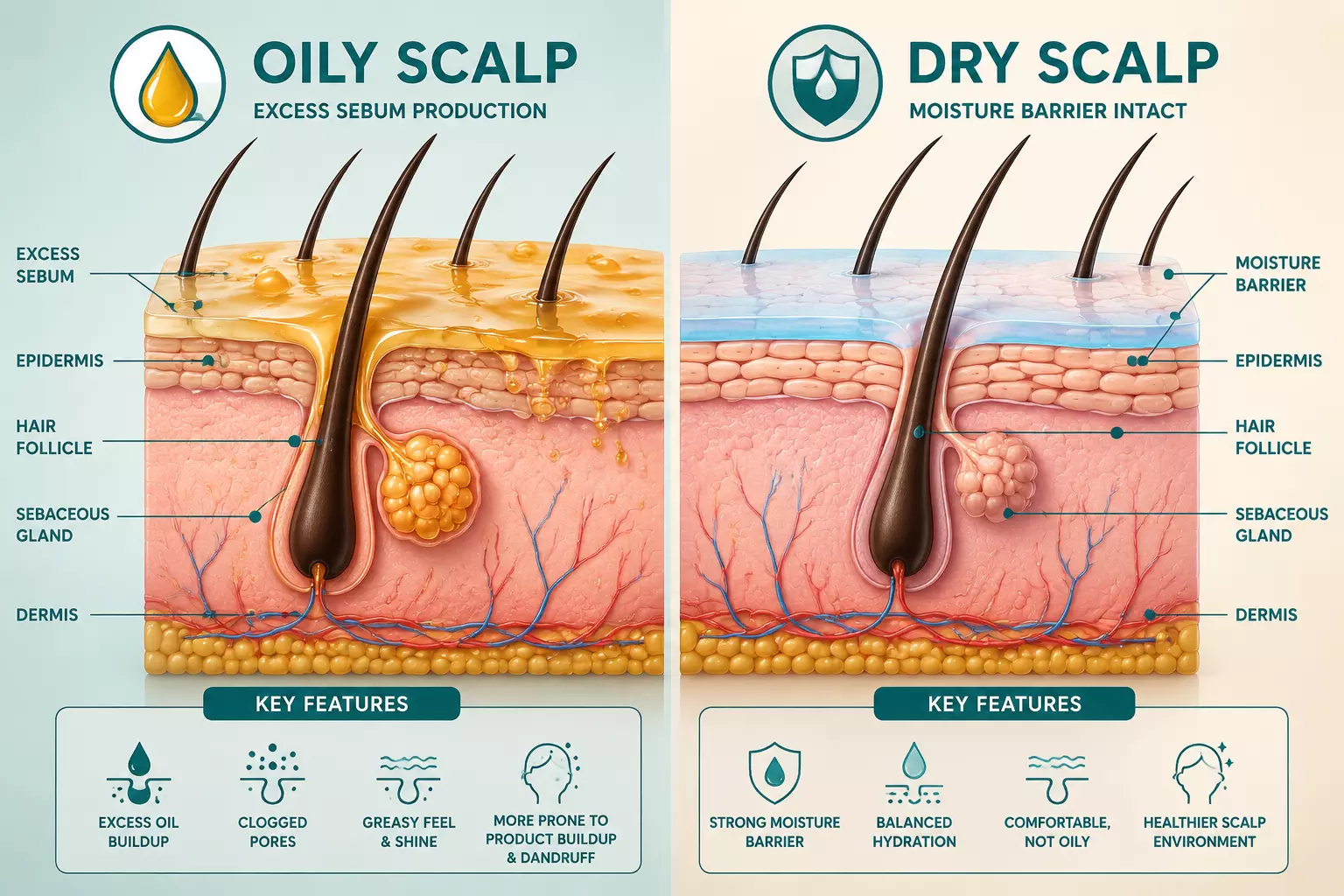 Oily vs dry scalp cross section sebum moisture diagram