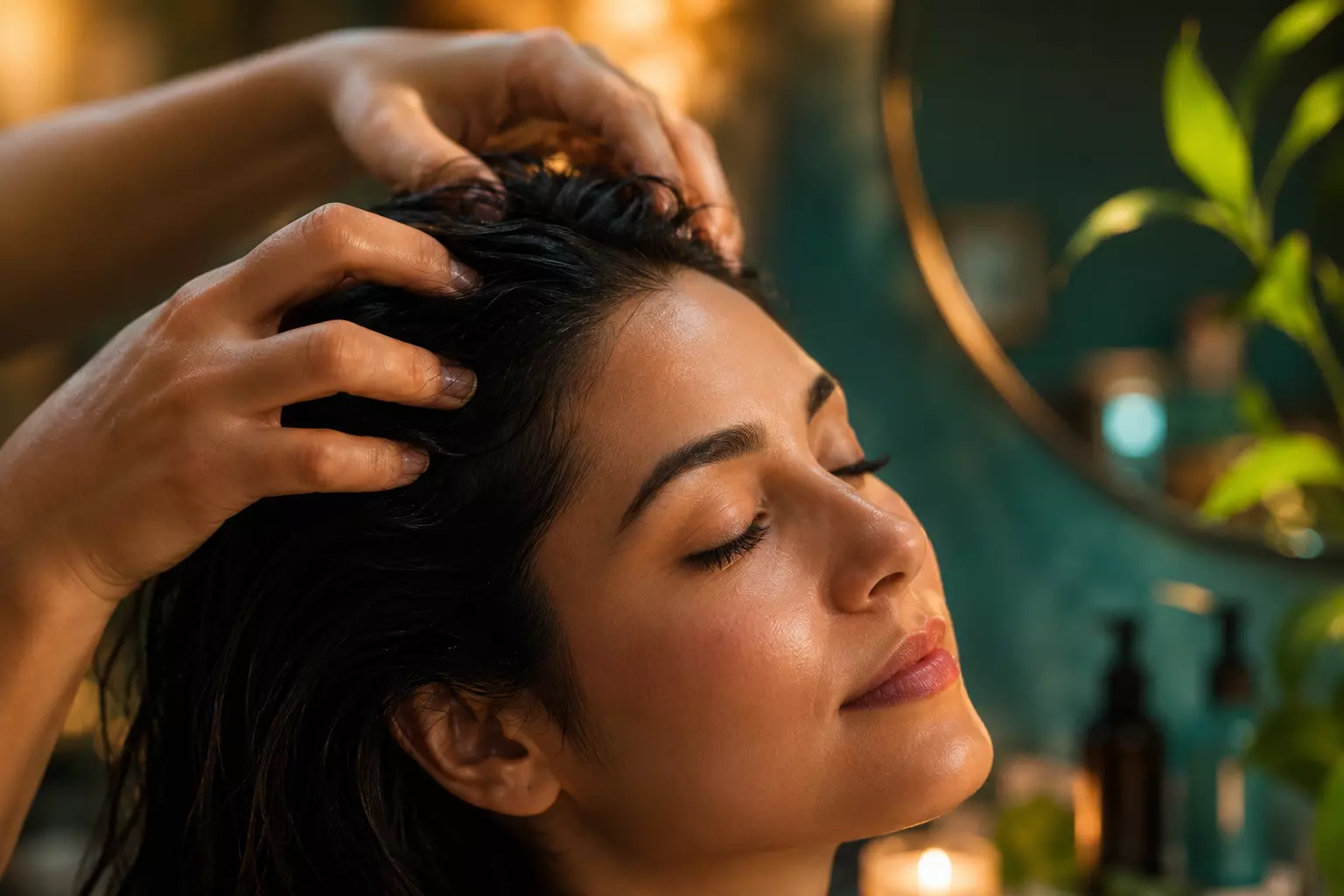 Scalp massage fingertips crown macro warm wellness editorial