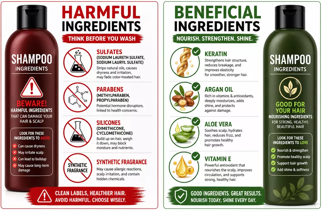 Shampoo label good ingredients vs bad ingredients split