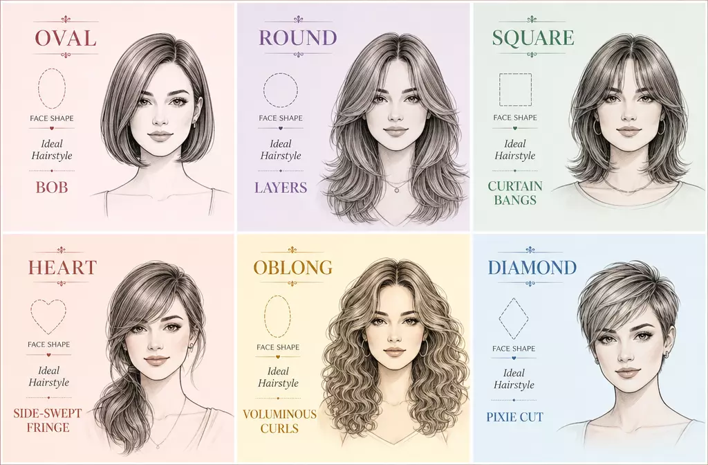 Six face shapes ideal hairstyles bob layers bangs curls pixie