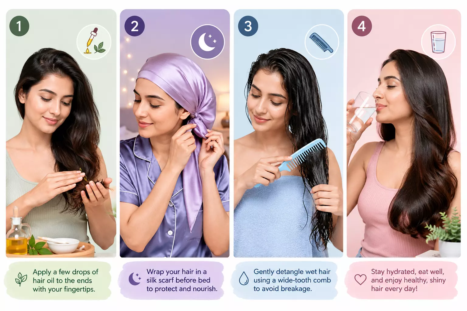 Split ends prevention routine four panel beauty steps
