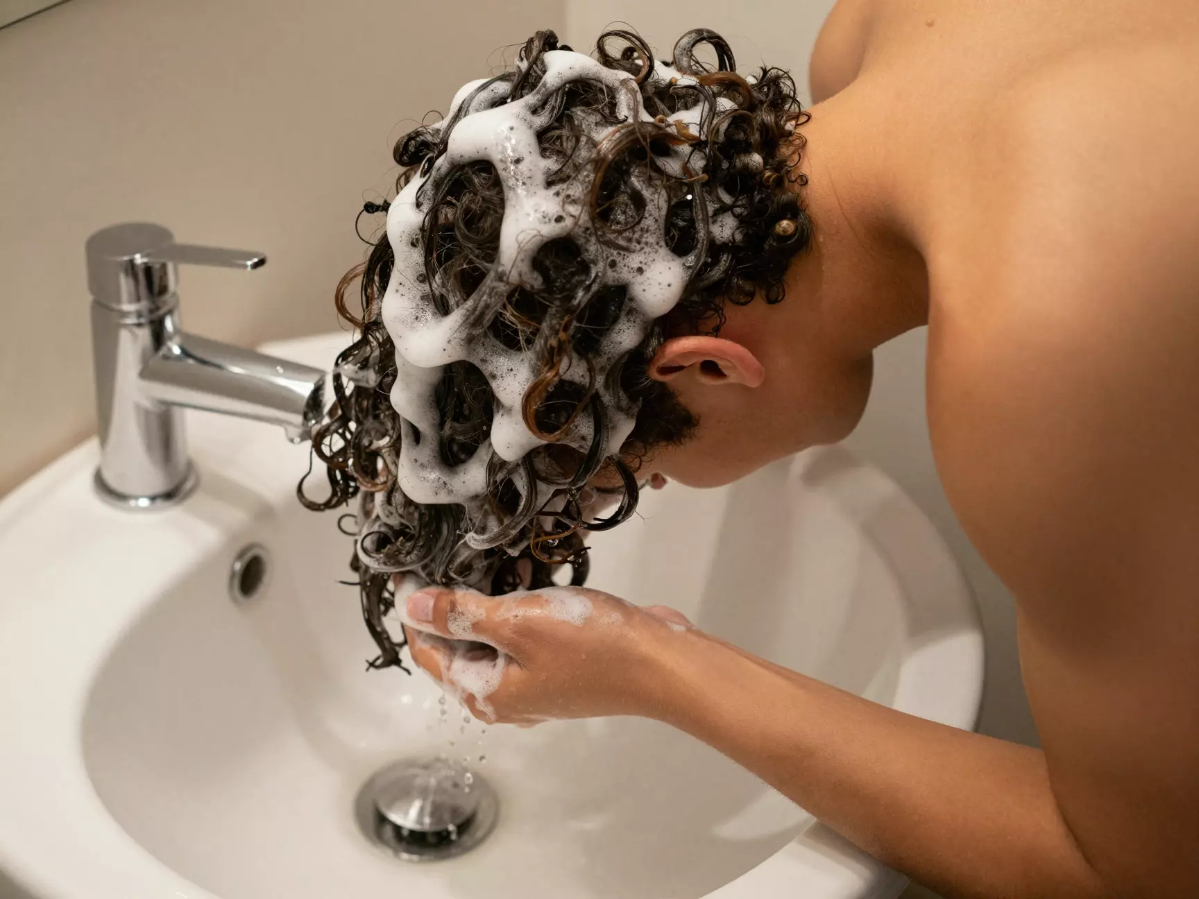 Curly hair wash day sink lather action shot editorial