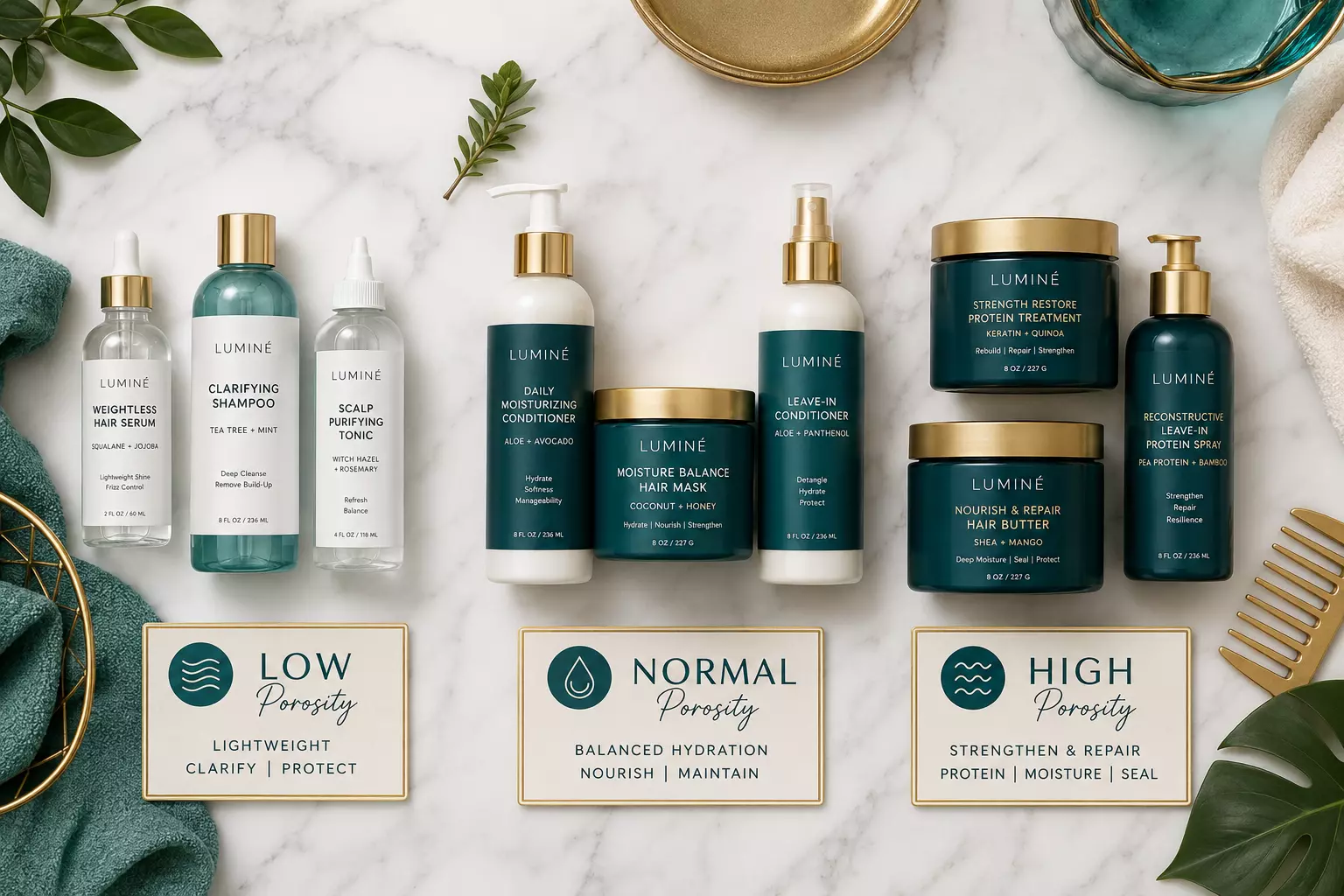 Hair porosity product guide three groups flat lay editorial
