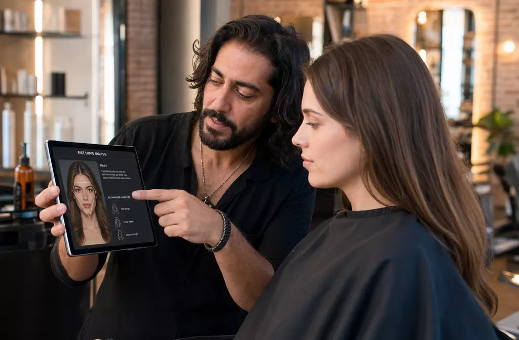 Hairstylist client face shape consultation tablet editorial