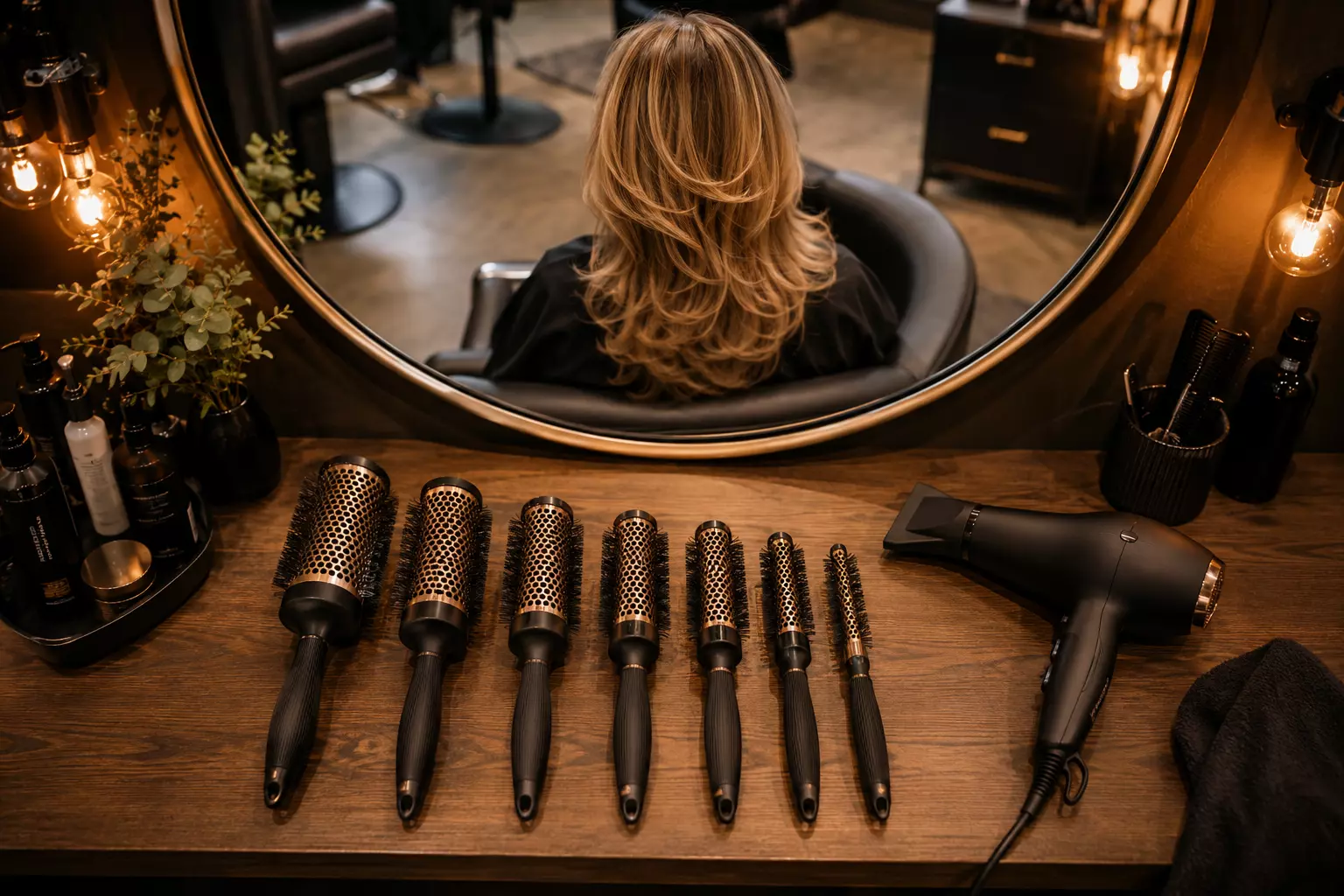 Hairstylist round brush barrel sizes salon overhead landscape