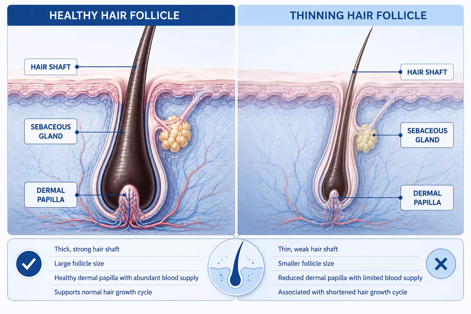 Healthy vs thinning hair follicle cross section medical comparison