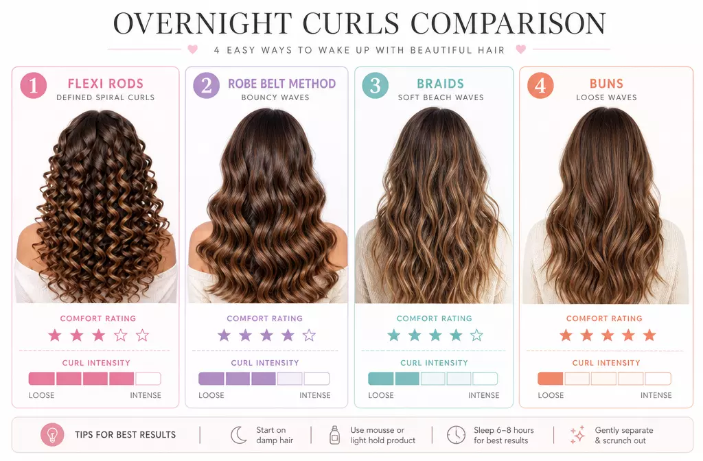 Heatless curl method results comparison infographic editorial