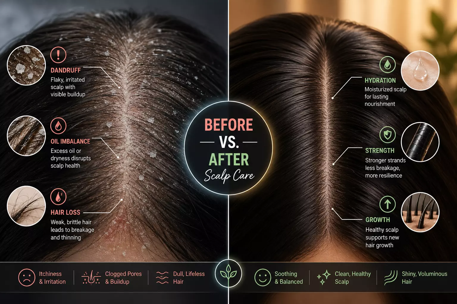 Scalp care before and after split comparison infographic