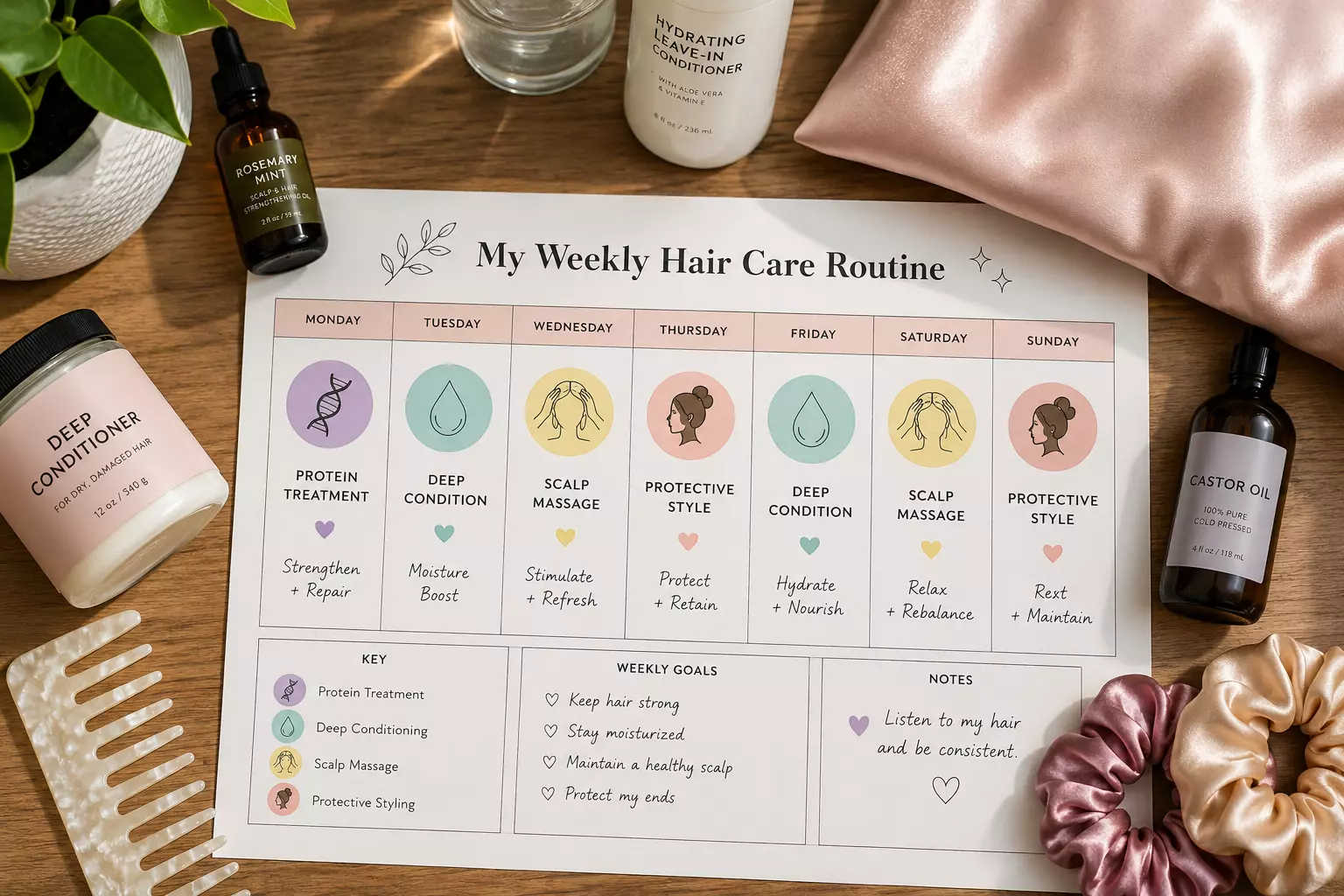 Weekly bleached hair care planner protein deep conditioning