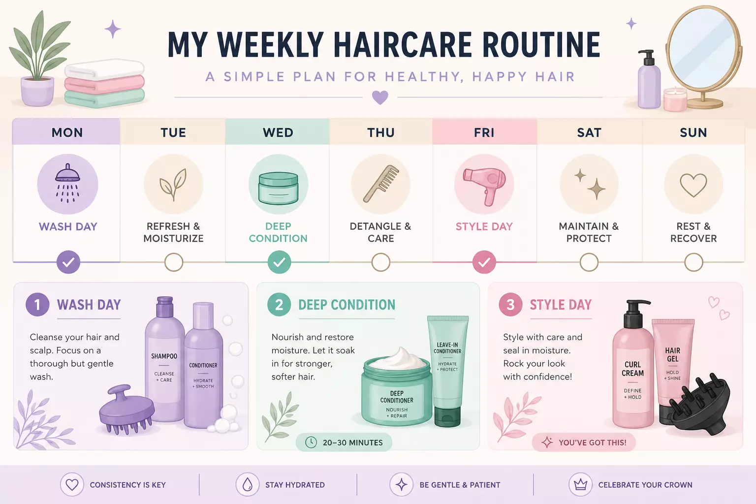 Weekly haircare routine timeline wash deep condition style