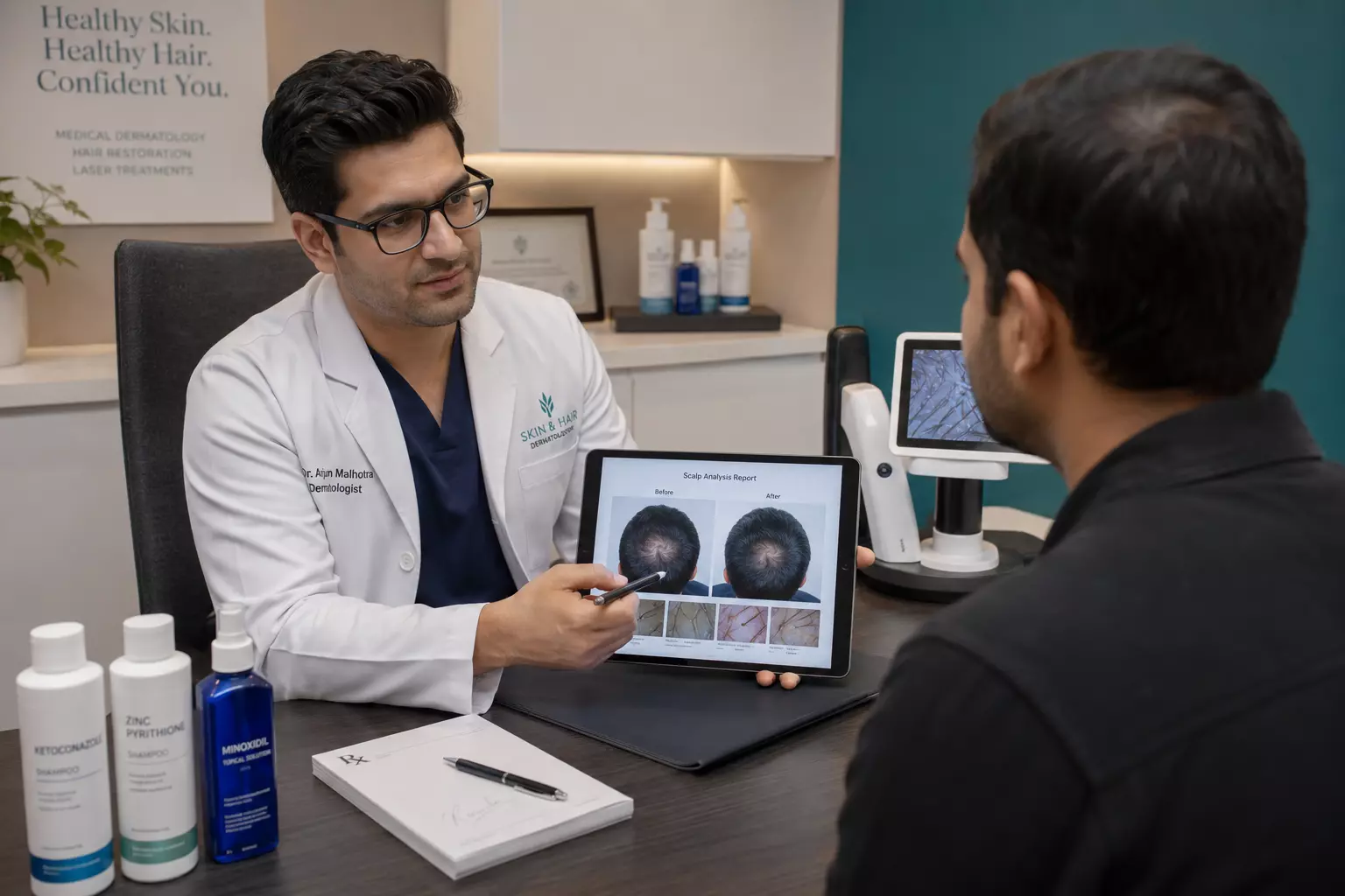 Dermatologist reviewing scalp report with patient clinic