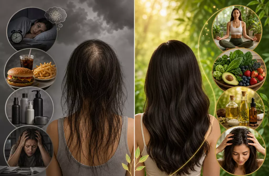 Hair growth habits stress vs wellness split screen comparison