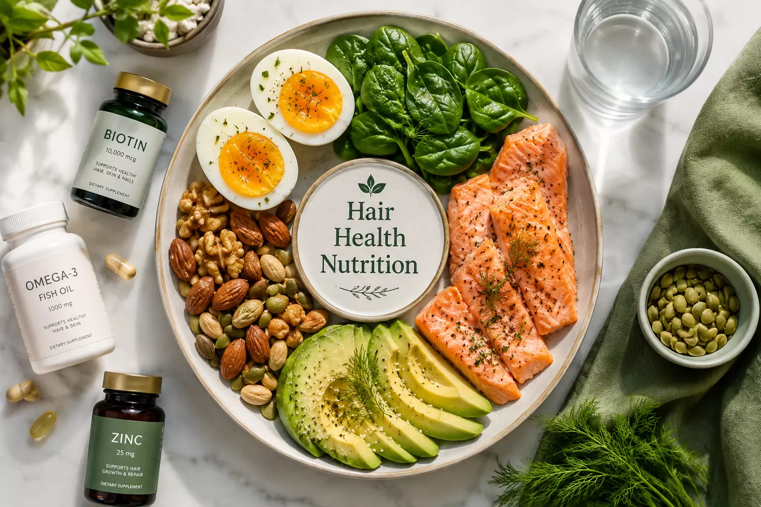 Hair health nutrition meal flat lay supplements landscape