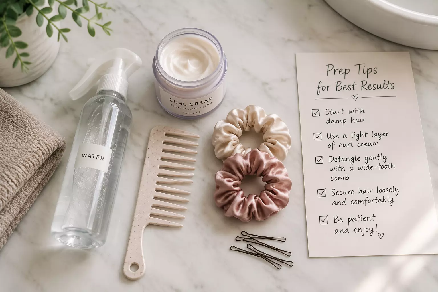 Heatless curl prep products water cream comb scrunchies