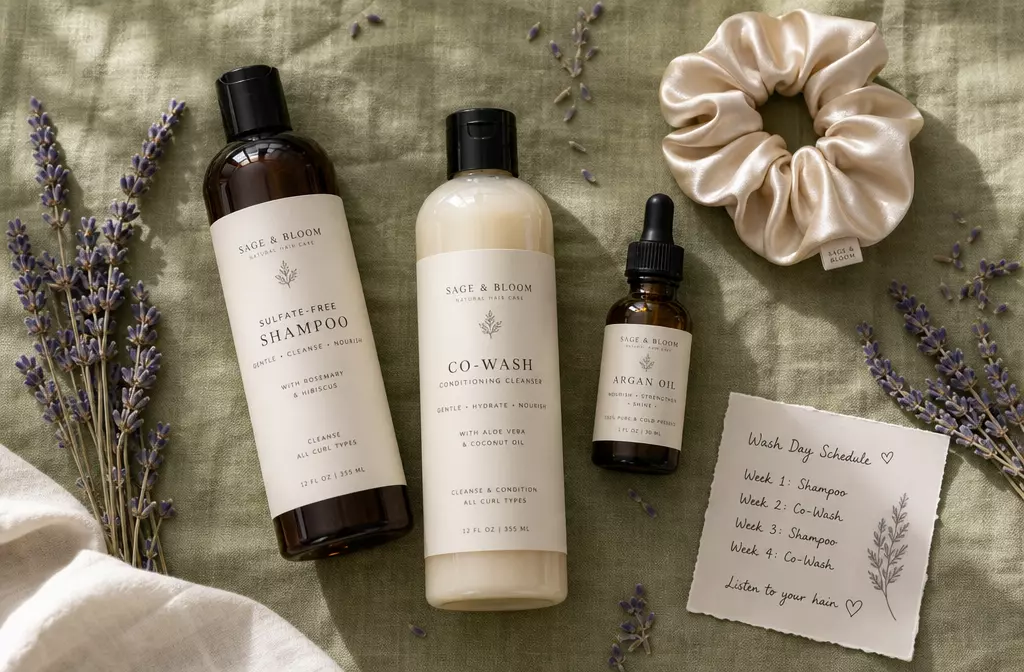 Natural hair care products wash schedule flat lay