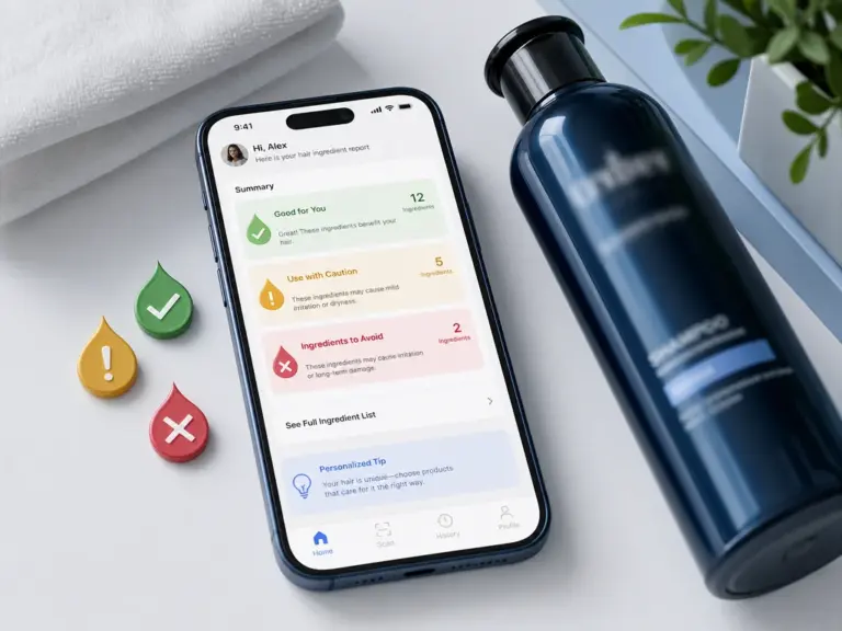 Featured Smartphone Displays Hair Ingredient Decoder Report On White Desk