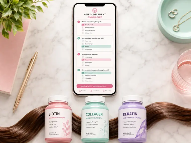 Featured Smartphone Quiz Three Supplement Bottles Glossy Hair Strand Health Website