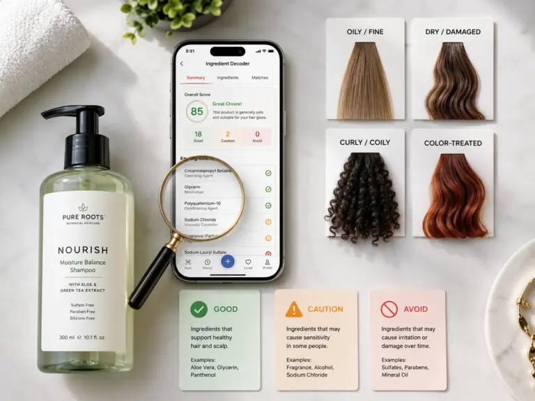 Featured Smartphone Shampoo Bottle Hair Swatches Ingredient Cards Flat Lay